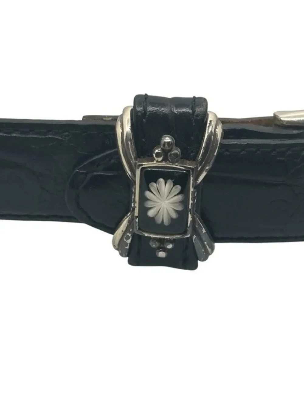 Brighton Women's Belt Size ML 32 Black Leather Croc Embossed Resin Flower B30203